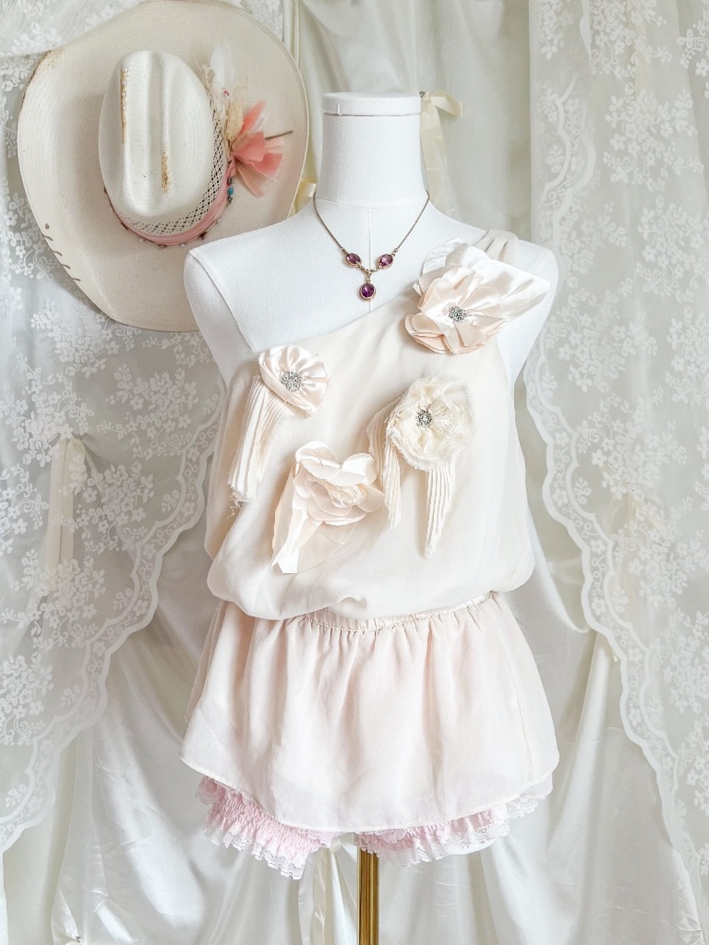 Cream Rosette One Shoulder Tunic Coquette Fairycore Statement Top
